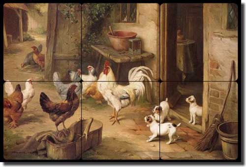 Hunt Chickens Puppies Tumbled Marble Tile Mural 18" x 12" - EH037