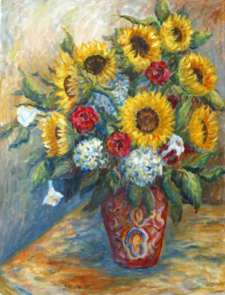 Sunflowers in a Red Vase by Joanne Morris Margosian Ceramic Accent & Decor Tile JM018AT