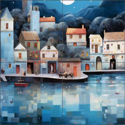 Waterfront Night 1 by Ray Powers Ceramic Tile Mural OB-RPA384bCS