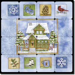 Cabin in the Woods II by Sara Mullen - Lodge Art Tumbled Marble Tile Mural 16" x 16" Kitchen Shower