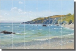 Perran Point, Cornwall by Arthur Hughes - Seascape Beach Tumbled Marble Tile Mural 12" x 16" Kitchen