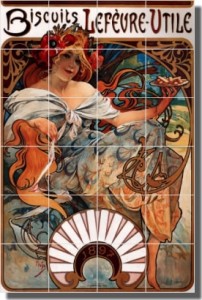 Buscuits Lefvre-Utile by Alphonse Maria Mucha - Artwork On Tile Ceramic Mural 25.5" x 17" Kitchen Sh
