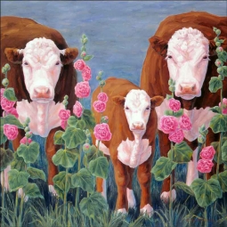 Herefords in Hollyhocks by Linda Elliott Ceramic Accent & Decor Tile - CCI-LE17TAT