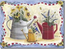 Donna's Watering Cans by Donna Jensen - Floral Ceramic Tile Mural 12.75" x 17"