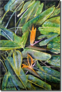 Bird of Paradise II by Derek McCrea - Floral Flowers Tumbled Marble Tile Mural 24" x 16" Kitchen Sho