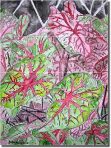 Caladiums by Derek McCrea - Floral Plant Tumbled Marble Tile Mural 16" x 12" Kitchen Shower Backspla