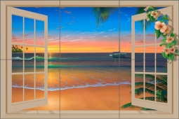Sunset Through Window with Flowers by David Miller Ceramic Tile Mural DMA2023