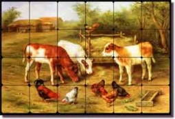 Hunt Country Farm Calves Chickens Tumbled Marble Tile Mural 36" x 24"