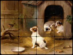 The Puppies by Edgar Hunt Tumbled Marble Tile Mural EH024