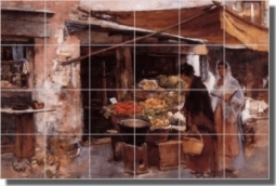 Venetian Fruit Market by Frank Duveneck - Old World Tumbled Marble Tile Mural 16" x 24" Kitchen Show