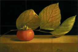 Persimmon with Leaves by Frances Poole Ceramic Tile Mural FPA033
