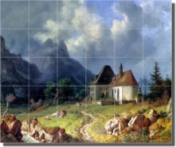 Das Kirchlein von Hinterriss by Heinrich Burkel - Mountain Landscape Tumbled Marble Mural 16" x 24"