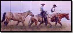 Fawcett Western Cowboy Horses Tumbled Marble Tile Mural 28" x 12" - JFA005