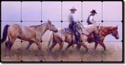 Fawcett Western Cowboy Horses Tumbled Marble Tile Mural 36" x 18" - JFA005