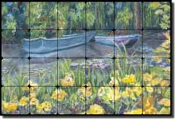 Morris Boat Flower Landscape Tumbled Marble Tile Mural 24" x 16" - JM014