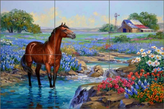 Tile Mural 12.75 x 17 Ceramic Tile Mural Backsplash, outlets Horses by the Barn