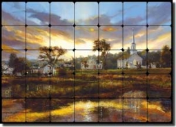 Mirkovich Village Church Landscape Tumbled Marble Tile Mural 28" x 20" - NMA084