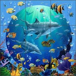 Dolphin Explorers II by Jeff Wilkie Glass Wall & Floor Tile Mural - POV-JWA038