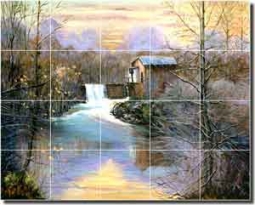 Davenport Country Watermill Ceramic Tile Mural 21.25" x 17" - POV-WDA001
