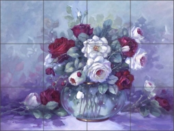 Red and White Roses by Wanta Davenport Ceramic Tile Mural - POV-WDA005