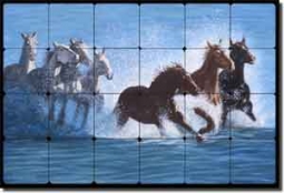 Delby Horses Surf Art Tumbled Marble Tile Mural 36" x 24" - RDA010