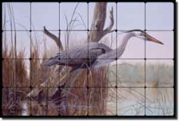 Binks Heron  Wildlife Tumbled Marble Tile Mural 36" x 24" - REB001