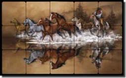 Stolen Horses by Jack Sorenson Tumbled Marble Tile Mural 30" x 18" - RW-JS007