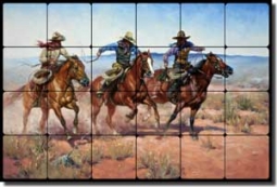 Sorenson Western Cowboys Tumbled Marble Tile Mural 36" x 24" - RW-JS013