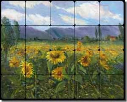 Sunflower Fields by Nanette Oleson Tumbled Marble Tile Mural 20" x 16" - RW-NO013
