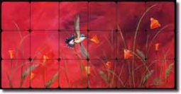 Summer Reds by Susan Libby - Bird Tumbled Marble Tile Mural 36" x 18"