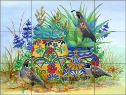 Morning Quail and Pots by Susan Libby Ceramic Tile Mural SLA077