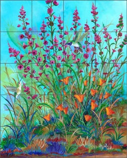 Spring Hummingbirds by Susan Libby Ceramic Tile Mural SLA086
