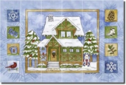 Cabin in the Woods - Winter by Sara Mullen - Lodge Art Tumbled Marble Tile Mural 16" x 24" Kitchen S