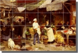 The Maubeauge Market by Victor Gabriel Gilbert - Old World Tumbled Marble Tile Mural 16" x 24" Kitch