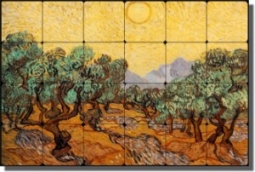 The Olive Trees by Vincent van Gogh - Old World Tumbled Marble Tile Mural 16" x 24" Kitchen Shower B
