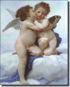Cupid and Psyche as Children by William Bouguereau - Artwork On Tile Tumbled Marble Mural 40" x 24"
